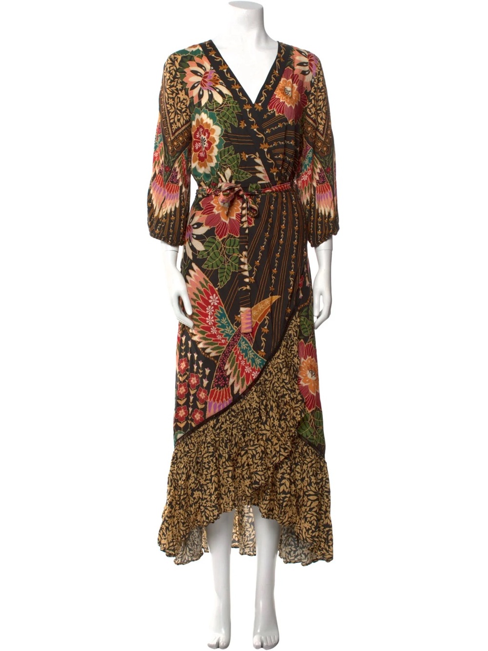 FARM Rio Black Wrap Maxi Dress with Multicolor Floral & Bird Print